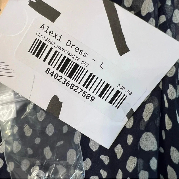 La Ligne Alexi Ruffle Long Sleeve Silk Georgette Minidress Navy Ivory Dot Large - Picture 8 of 9